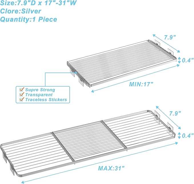Adjustable Closet Shelve Divider,Rod Expandable Metal Hanging Shelf Closet Separator for Closet,Cabinet,Wardrobe,Cupboard Bathroom,Bedroom(Silver,7.9" D x 17"-31" W,1PCS)