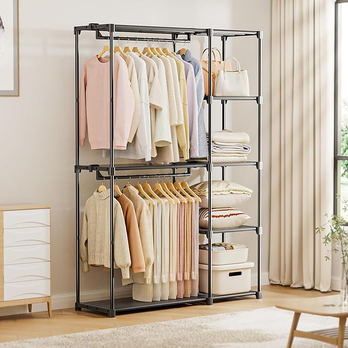 Portable Closet, Freestanding Wardrobe Closet Organizers and Storage,Open Clothing Racks for Hanging Clothes with 4 Shelves and 2 Hanging Rods，47.8x15.8x63.4 Inches