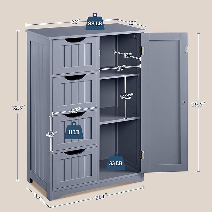 Yaheetech Bathroom Floor Cabinet, Freestanding Storage Organizer Unit Kitchen Cupboard W/ 4 Drawers & Adjustable Shelves, Using for Kitchen/Bathroom, Gray