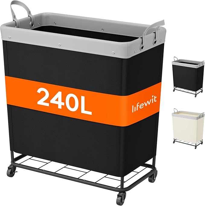 Lifewit 240L Laundry Basket with Wheels, Large Heavy Duty Commercial Rolling Laundry Hamper with Handles, Tall Steel Frame Laundry Cart for Laundry Room Bedroom Hotel Home Dorm, Black