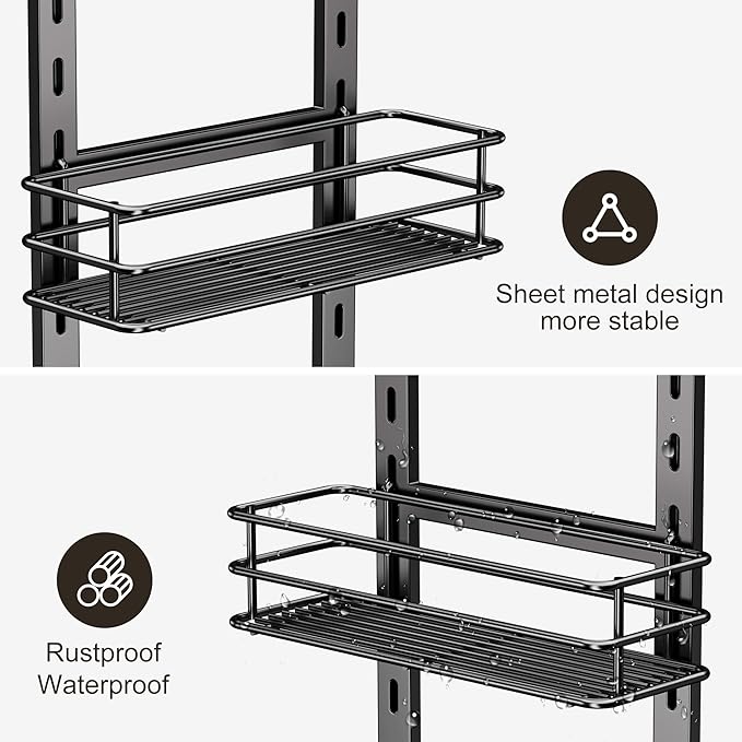 Orimade Adjustable Anti-slip Shower Caddy over Head, Rustproof Bathroom Hanging Organizer with 2 Hooks for Razor, No Drilling Shower Shelves Storage Rack 3 Tier, Black