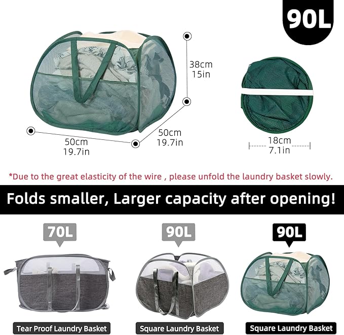 Collapsible Laundry Basket, 90L Foldable Pop-up Laundry Hamper with Handles, Square Mesh Dirty Clothes Hamper for Laundry, Bathroom, Kids Room, Dorm,Travel or Camping (Green)