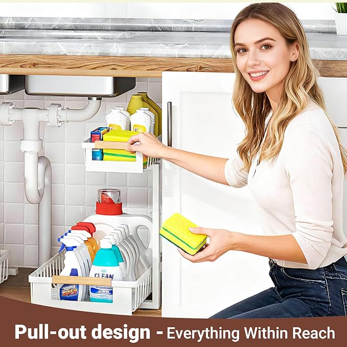Under Sink Organizer 2-Pack 2 Tier Pull out Cabinet Organizer Shelf Metal Undersink Rack for Kitchen Bathroom Pantry Cabinet Organization and Storage, White