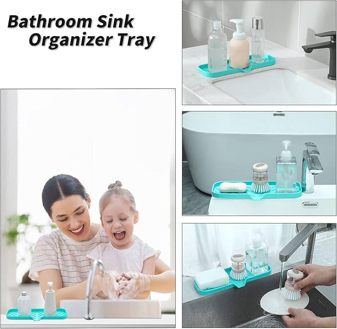 MicoYang Silicone Bathroom Soap Dishes with Drain Spout-Bathroom and Kitchen Sink Organizer,Sponge Holder,Dish Soap Tray,Perfect for Dispenser,Scrubber,Bottle,Cup on Sink or Counter-Mint 12"×4"