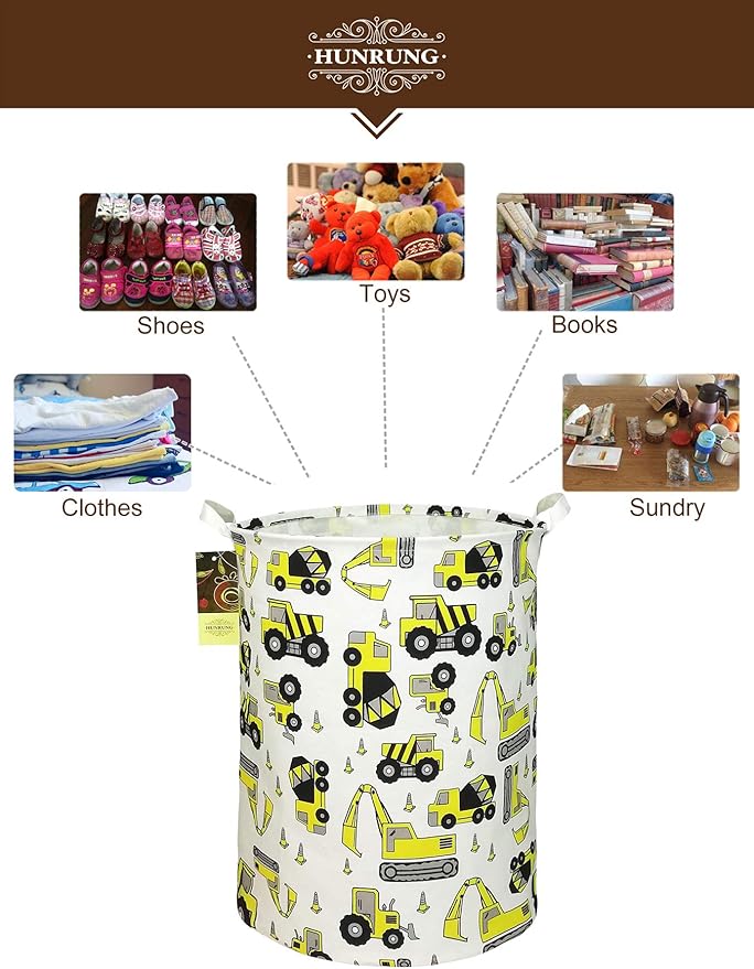 HUNRUNG Laundry Hamper,Large Canvas Fabric Lightweight Storage Basket Toy Organizer Dirty Clothes Collapsible Waterproof for College Dorms, Children Bedroom,Bathroom（Round Engineering）