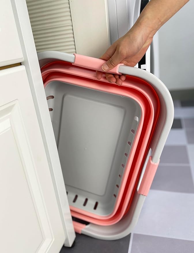 SAMMART Collapsible Plastic Rectangular Laundry Basket - Foldable Pop Up Storage Container/Organizer - Portable Laundry Hamper - Space Saving (Grey/Quartz Pink, 30L)