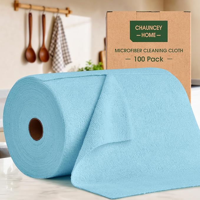CHAUNCEY HOME Microfiber Cleaning Cloth Roll - 100 Pack Tear Away Microfiber Paper Towels, Reusable, Washable, Scratch-Free, Kitchen Towels for Car, Home, Kitchen, Glass, Dishes (Blue)