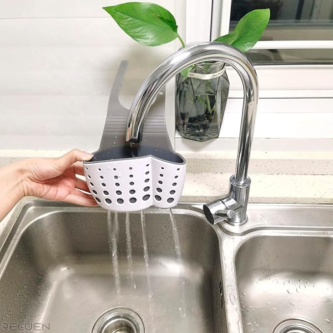 Reluen Silicone Sponge Holder For Kitchen Sink - Over The Faucet Sink Sponge Holder Hanging, 5.7 x 3.22 x 2.2 Convenient Size - Adjustable Silicone Holders With Strap, Easy to Use and Clean