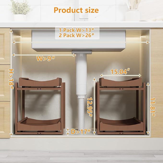 Bamboo Under Sink Organizer Adjustable Height 2 Tier Bathroom Organizer Pull Out Cabinet Storage Kitchen Heave Duty Wood Slide Ou Shelf for Kitchen Bathroom (Black, 2 Packs) (Brown, 2 Packs)