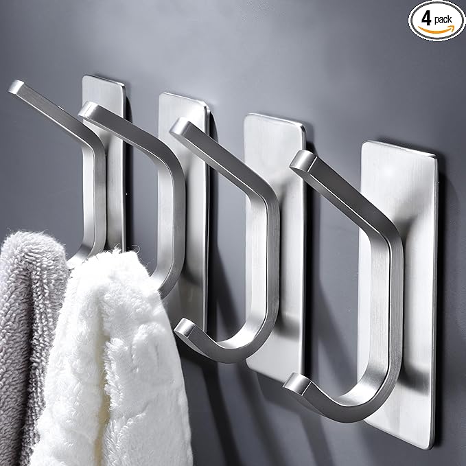 DELITON Adhesive Towel Hooks for Bathroom - 4 Pack Heavy Duty Stick on Wall Hooks, Waterproof Robe/Coat Hangers for Kitchen, Shower (Silver, Stainless Steel)