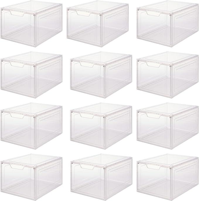 Simplify Shoe Storage Boxes 12 Pack | Easy Assembly | Stackable | Great for Shoe Collectors | Home Organization | Storage | Lightweight | Plastic | Dimensions 13.9" L x 9.8" W x 7" H | Clear/White |