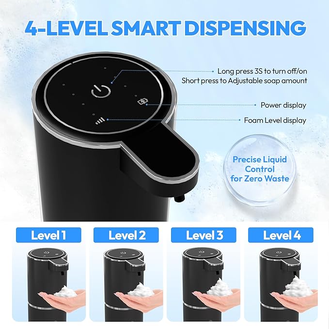 2 Pack Automatic Foaming Soap Dispenser,Touchless Foam Soap Dispenser,12.8oz Rechargeabled Wall Mounted Smart for Bathroom and Kitchen Dish Soap,Easy for Toddlers(Black)
