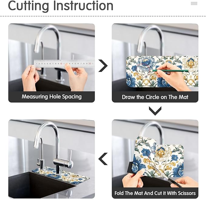 Kitchen Sink Splash Guard 1 PC 14.7 Inch Sink Faucet Mat Splash Guard for Bathroom Countertop Water Absorbent Foldable Cuttable Soft Washable Royal Floral Blue and Yellow Tile