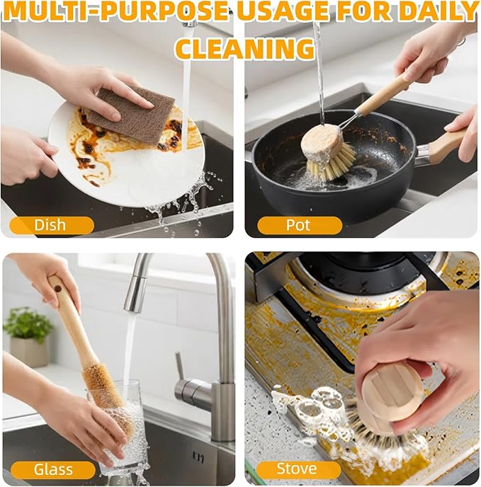 Natural Bamboo Dish Brush Set - 6 PCS Kitchen Cleaning Brush Kit with 4 Utensil Brushes and 2 Coconut Fiber Dish Sponges, for Cleaning Pots, Pans, Dishes, Bottles, Vegetables, and Fruits