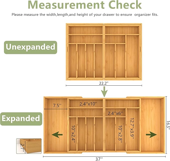 Suli Large Silverware Drawer Organizer，Adjustable Kitchen Flatware for Forks Knives and Spoons， Bamboo Cutlery Utensil Holder,Expandable from 22in-37in，Natural Bamboo