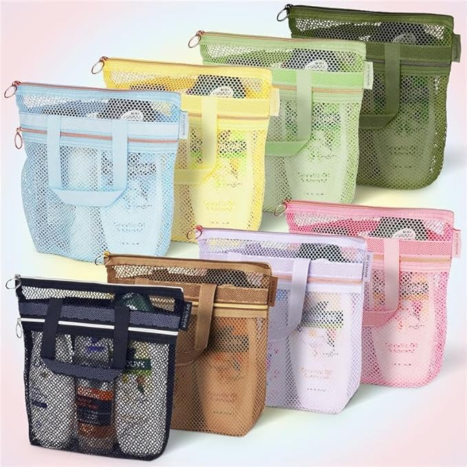 Mesh Shower Bag 10.2x9.9'' Quick-Dry Caddy with Zipper & 2 Pockets. Portable Toiletry Tote for Bathroom, Gym, Travel, Camp, Beach, for Sunscreen, Dorm & College Essentials (Light Green)