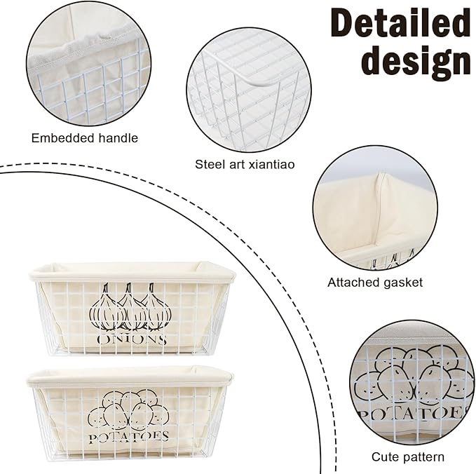 2 Set Metal Wire Baskets with Cotton Lining, Potato Bin Onion Container, Produce Fruit Veg Organizing Bin for Kitchen Storage - White