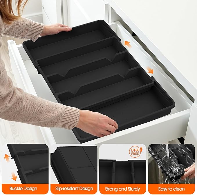 Large Silverware Organizer, Expandable Utensil Drawer Organizer for Kitchen Drawers, Kitchen Drawer Organizer for Spoons/Forks/Knives, Multipurpose & BPA Free Cutlery Tray, Black, 1 Pack