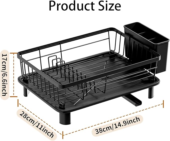 Dish Drying Rack, Stainless Steel Dish Racks for Kitchen Counter, Sink Organization and Storage Essentials, Kitchen Organizer for Forks, Spoons Dishes,Cup and Bottle (Black, 14.96''*11.02''*6.69'')