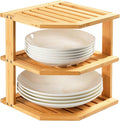 Umilife Plate Organizer for Cabinet, Bamboo Corner Shelf, Dish & Bread Organizer, Spice Rack, Kitchen Bathroom Countertop Storage Organization Space Saver
