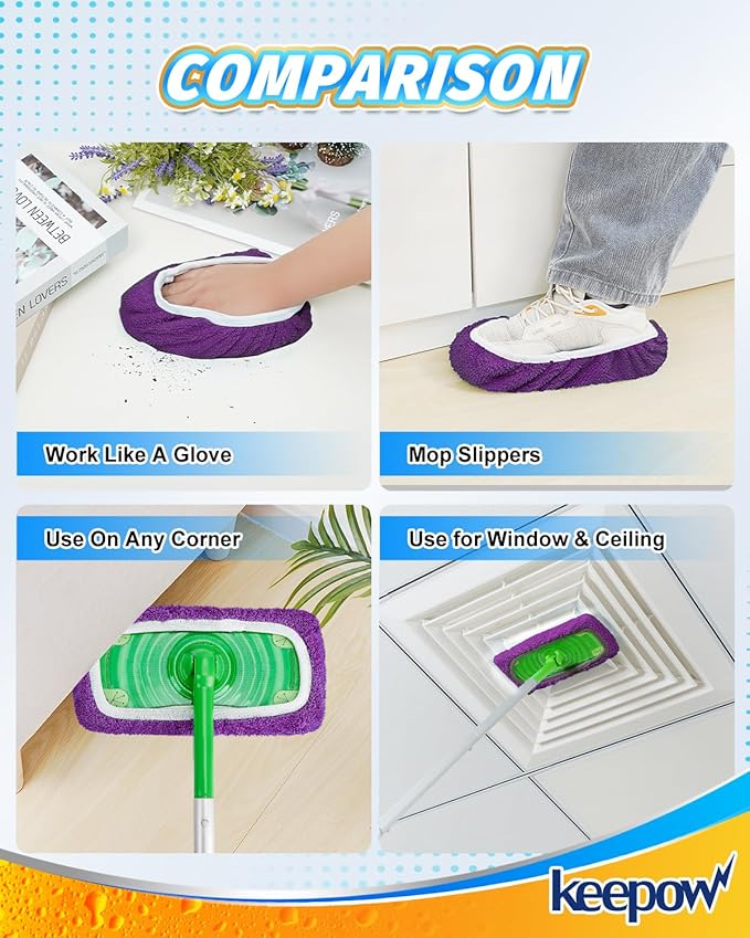 KEEPOW Reusable Mop Pads Compatible with Swiffer Sweeper Mop, Microfiber Dry Sweeping Cloths & Machine Washable Wet Pads Refill for All Sealed Floors - Stone, Hardwood, Laminate & Tile (8 Purple)