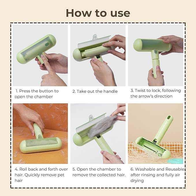 SHIMMURR Reusable Pet Hair Remover - Lint Roller for Dog & Cat Fur - for Furniture, Carpet, Clothing - Detachable Handle (Apricot (Light Beige))