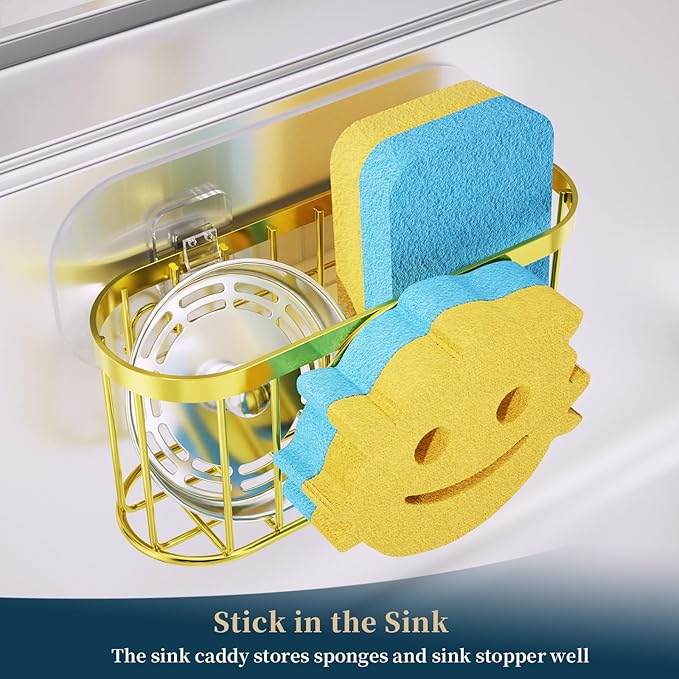 Consumest Sponge Holder Smiley Face - Kitchen Sink Caddy, Sink Organizer with Removable Suction Cups & Adhesive Strips, Suit for Sponge, Soap,Gold