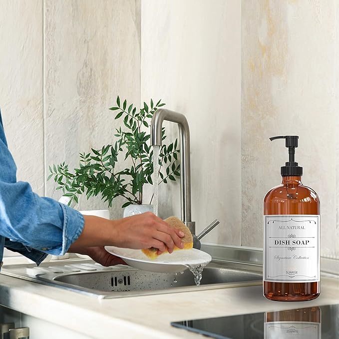 16 OZ Thick Amber Glass Soap Dispenser with Pump 2 Pack, Hand and Dish Soap Dispenser Set for Bathroom with 6 Waterproof Labels