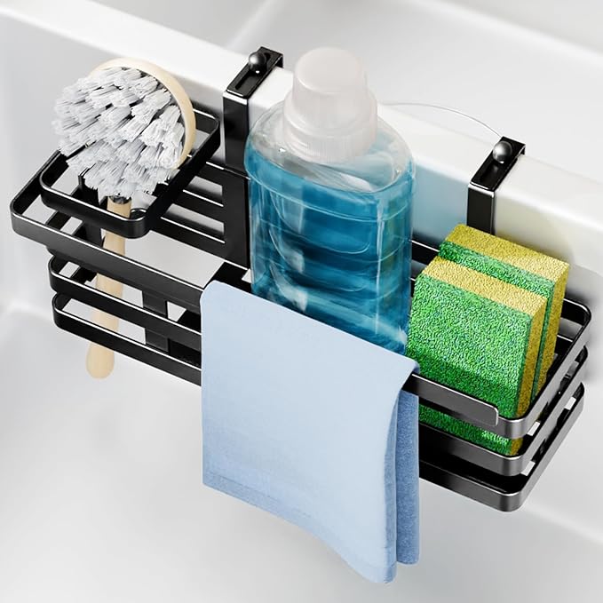 NiHome Over Sink Divider Sponge Holder for Sponges, Brushes & Accessories, Multi-Compartment Storage Caddy for Double Sinks, Fast Drainage Adjustable Kitchen Sponge Organizer, Easy to Install & Remove
