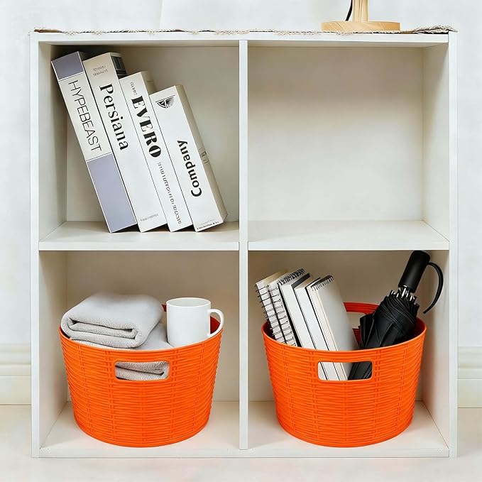 12-Pack Plastic Storage Baskets, Stackable & Nestable Organizer Bins for Toys, Clothes, Home (Orange - Circular)