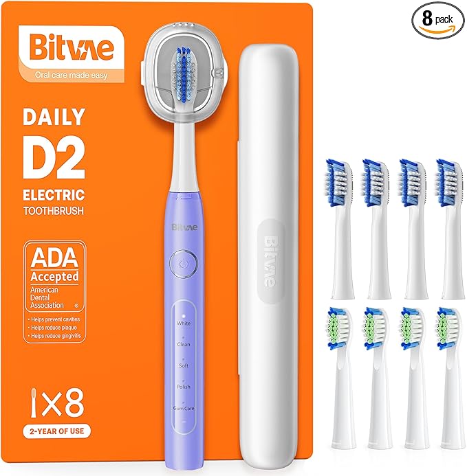 Bitvae Ultrasonic Electric Toothbrush for Adults and Kids, ADA Accepted Travel Toothbrush with Rechargeable 60-Day Battery Life, 5 Modes, 8 Heads, Case, Holder, Purple