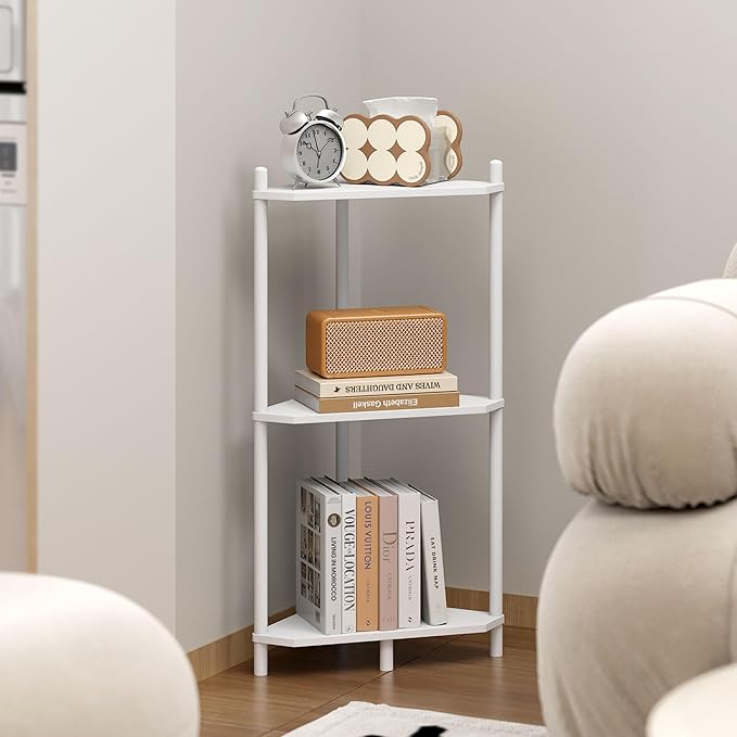 Corner Shelf Stand - 3 Tier Bamboo Small Corner Bookshelf for Office Kitchen Bedroom Plant Stand Living Room Decor Small Space (White，3 Tier)