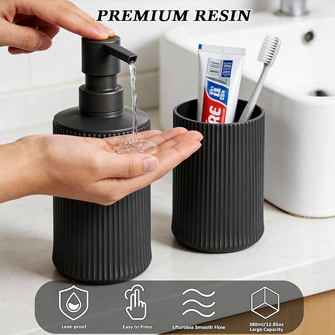 Bathroom Set Accessories, Black Soap Dispenser and Toothbrush Holder Complete 2 Piece Plastic Hand Dish Soap Counter Set for Modern Decor