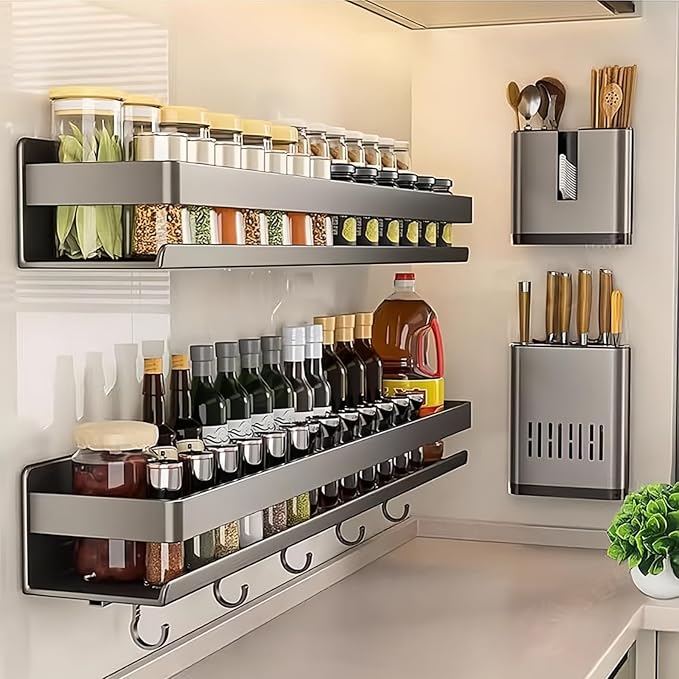 Adhesive Wall Mount Spice Rack Carbon Steel, No-Drill Dark Gray Spice Organizer, Multi-Purpose Kitchen Bathroom Storage Shelf for Countertop Cabinet