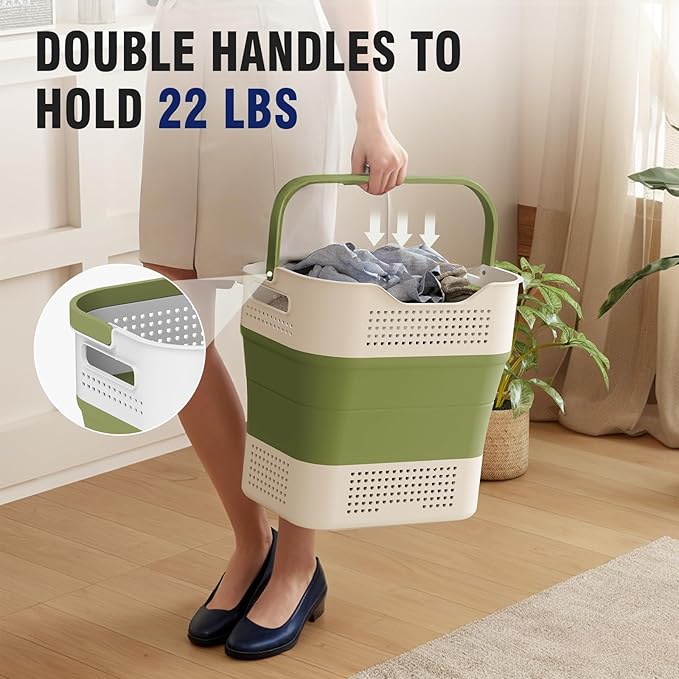 TECHMILLY Collapsible Plastic Laundry Basket Hamper with Handles, 35L Portable Rubber Clothes Basket, Pop Up Storage Container/Organizer with Hanging basket for Washing & Storage, Green