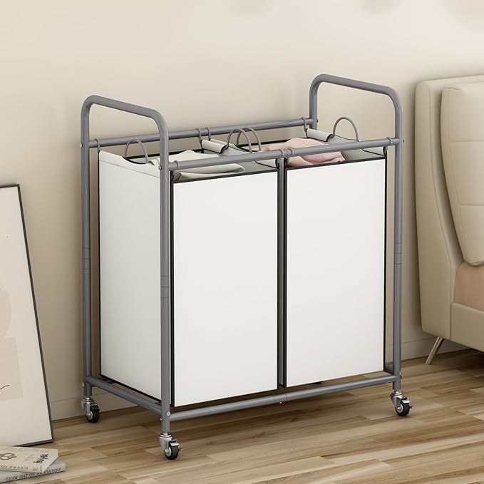 SUOERNUO Laundry Hamper Basket 2 Bag Laundry Sorter Cart with Rolling Removable Bags Laundry Organizer Cart for Clothes Storage, Beige (2 Bags, Beige)