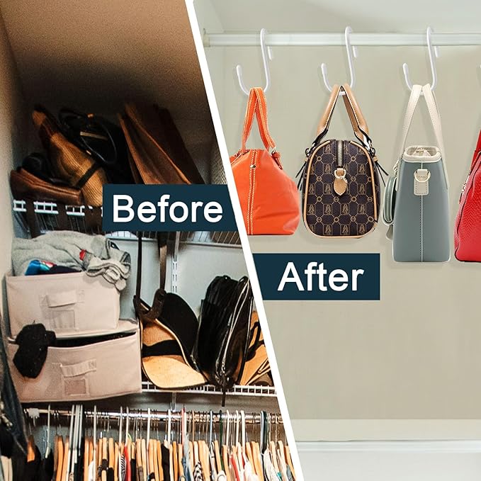 HiGift Purse Hanger for Closet, 8 Pack Unique Twist Design White Vinyl Coated Bag Hooks Organizer Hanging, Large Closet Hooks Purse Organizer Holder for Hanging Purse,Handbag,Belt,Hat,Backpack,Jeans