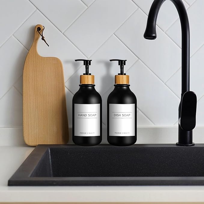 Hand Soap Dispenser Bathroom, Black Dish Soap Dispenser for Kitchen, 17 Fl Oz Plastic Hand and Dish Soap Dispensers Set with Bamboo Pump, 2 Pack Refillable Liquid Lotion Containers Bottle