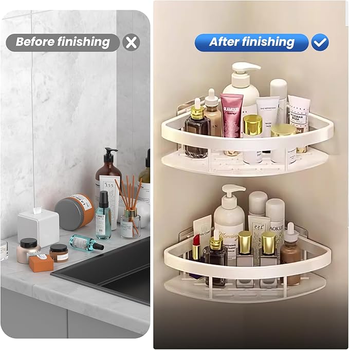 2LWAT Wall Mounted Shower Organizer, 2 Tier No Drilling Adhesive Shelf, Bathroom Shower Caddy with Hooks, Suction Cup, White