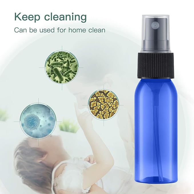 LISAPACK 1oz Small Plastic Blue Spray Bottle (12 Pack) Empty Mini Fine Mist Travel Size Atomizer, Tiny Sprayer for Little Perfume, Water, Cologne, Alcohol, Samples (Cobalt Blue, 30ml)