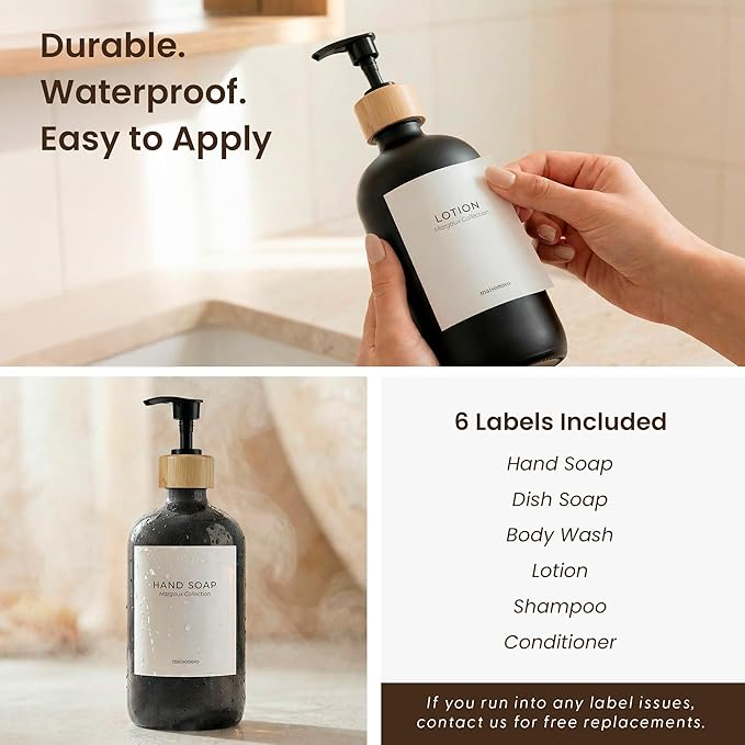 MaisoNovo Glass Hand Soap Dispenser | Dish Soap Dispenser for Kitchen | 16.9oz Black Bottles with Black Bamboo Pump | Bathroom Lotion Dispenser