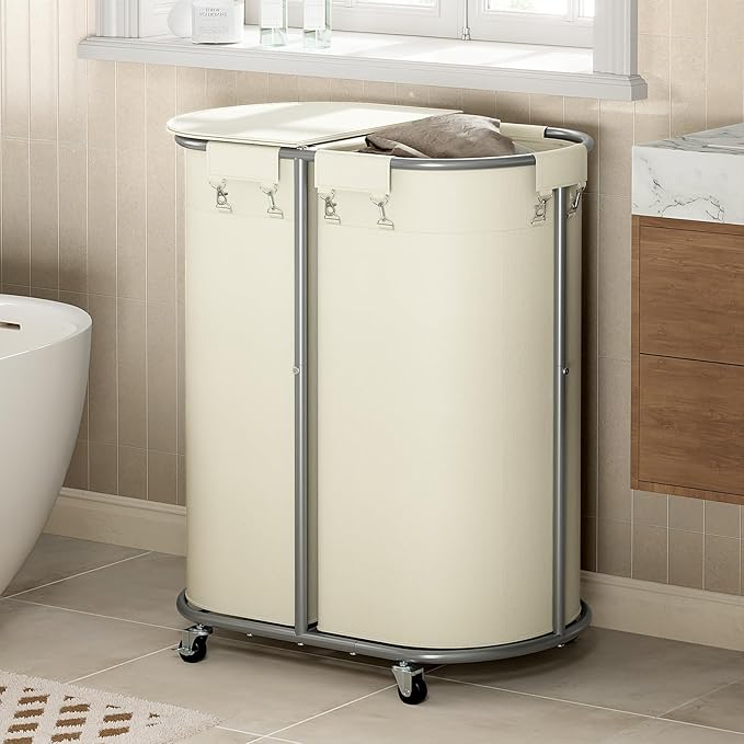 Chrislley 200L Double Laundry Hamper with Wheels and Lid, Large Oval Rolling Laundry Basket 2 section, Laundry Cart with Removable Bags and Iron Frame, Dirty Clothes Hamper for Home, Dorm, Beige