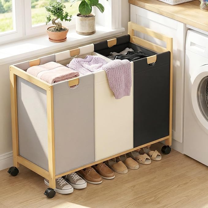 Homykic 250L Laundry Sorter Cart with Wheels, 3-Section Rolling Laundry Basket with Removable Bags, 66 Gal Large Laundry Hamper Organizer, Heavy Duty Bamboo Frame, Water-Resistant, Multicolor
