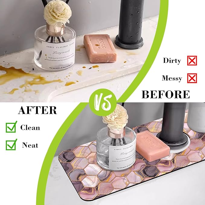 Sink Faucet Absorbing Mat Gold Pink Hexagon Texture Sink Splash Guard Drying Mat for Kitchen Bathroom Faucet Sinkmat 15.5"X5.5"