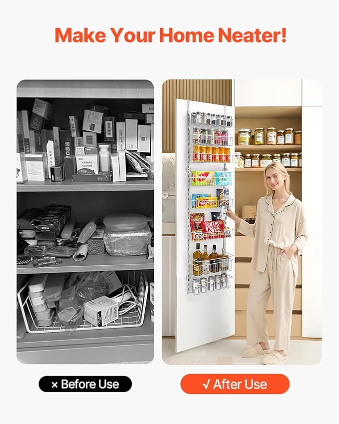 VEVOR Over the Door Pantry Organizer, 8-Tier Pantry Organization and Storage, Heavy-Duty Steel Hanging Spice Rack, Adjustable Wall Seasoning Shelves, for Home Kitchen Laundry Room Bathroom, White