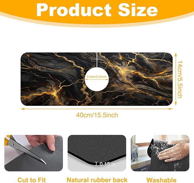 2 Pack Marble Texture Sink Splash Guard Faucet Mat Liquid Gold Marble Texture Super Absorbent Fast Drying Mat Sink Gadgets-Splash Guard Behind Faucet Drip Catcher for Kitchen Bathroom, 15.5"x5.5"