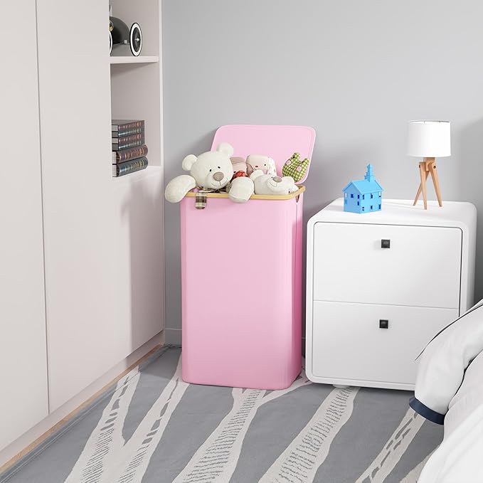 SUOCO Laundry Hamper with Lid, 29 Gal (110L) Clothes Basket with Bamboo Handles, Large Foldable Laundry Hamper for Bedroom, Bathroom, Dorm, Laundry Room - Pink