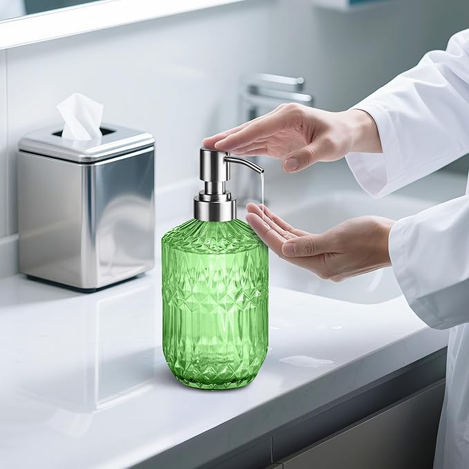Kaishun 13 Oz Refillable Soap Dispenser, Glass Soap Dispenser for Dispense Hand Soap, Dish Soap, Lotion (Green)