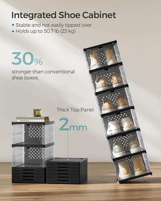 SONGMICS Foldable Shoe Boxes, Pack of 12 Stackable Shoe Storage Organizer, Set of 2 Integraed Shoe Cabinets, Portable, Fit up to US Size 13, 60s Assembly, Transparent and Ink Black ULSP206B01