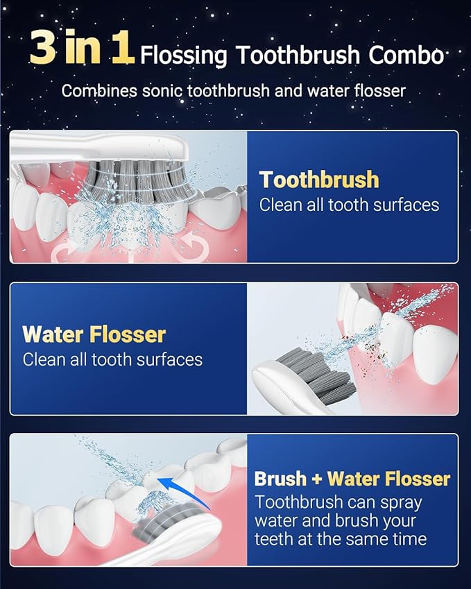 Electric Toothbrush with Water Flosser Combo in One - Sonic Flossing Toothbrushes for Teeth Cleaning, Rechargeable,Portable Cordless Water Flosser for Adults, 17oz Large Tank, 3 Modes & 5 Brush Heads